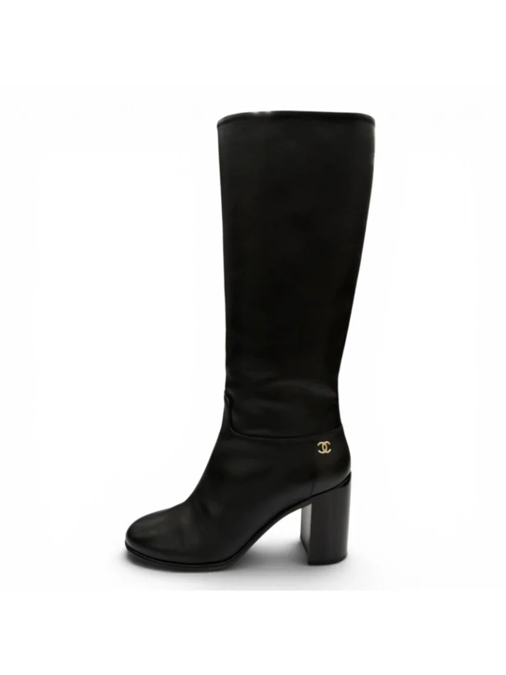 Chanel CC Logo Leather Long Boots Black Gold